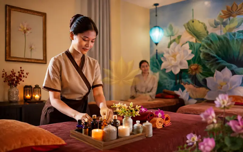Chuẩn bị không gian và tinh dầu massage thư giãn cho phụ nữ