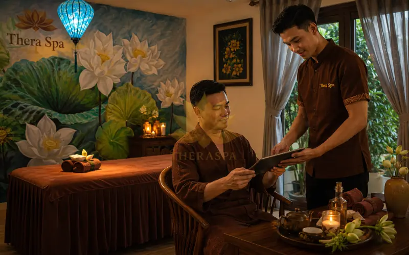 Không gian riêng tư và kỹ thuật viên chuyên nghiệp khi massage nam tại Thera Spa
